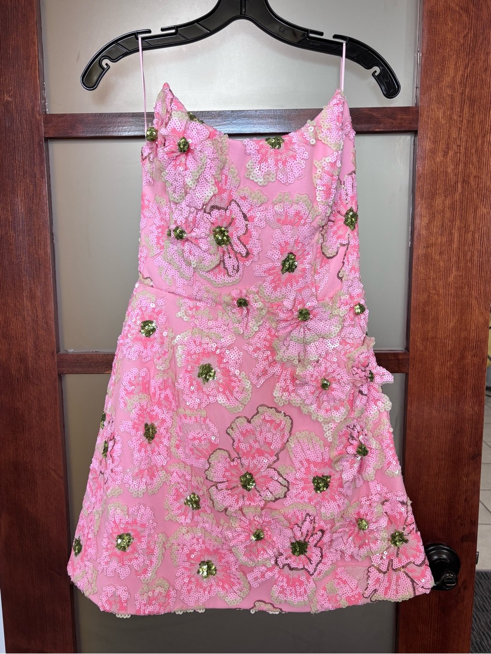 Helsi Pink Sequin Floral Mini Dress with Green Accents